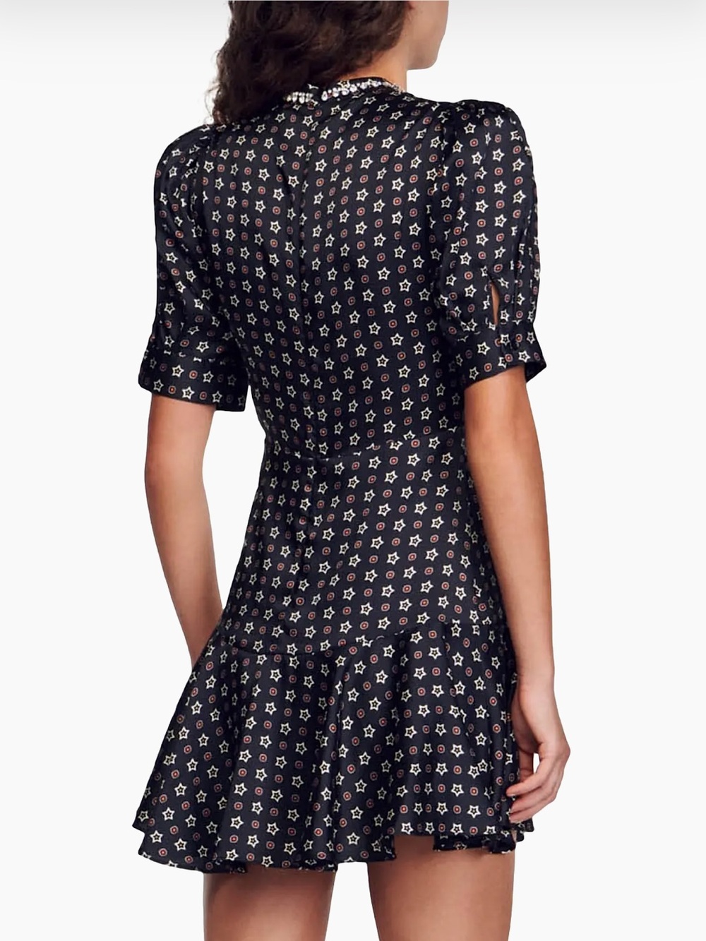 Sandro Short Star-Print Satin Dress with Rhinestone Neckline Size 36 US 4 - Picture 2 of 16